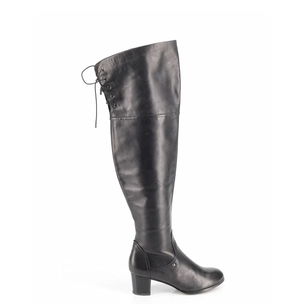 Black Leather Over The Knee Boots Lace Up Back Block Heel Tall Thigh High Boots